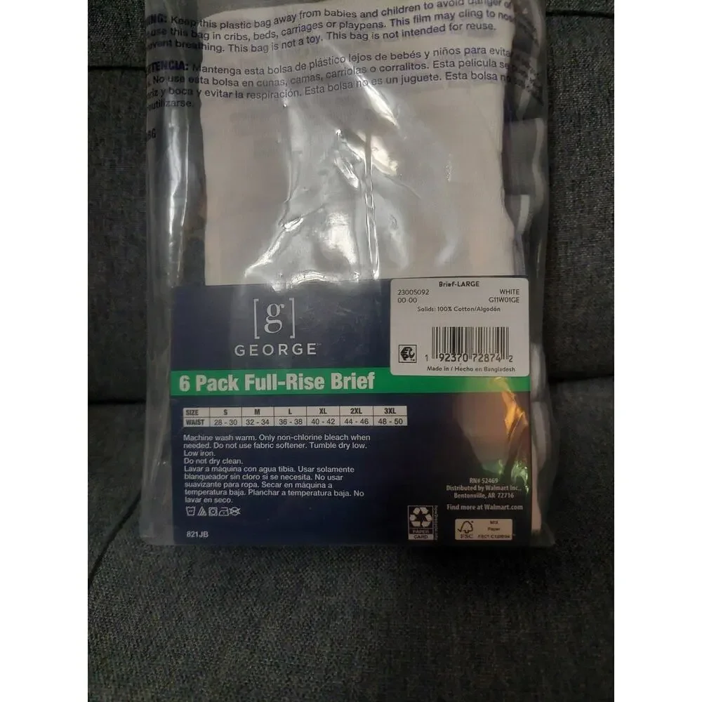 George Men's Full Rise Briefs Sz Large (36-38) 6-Pack White Tag-Free